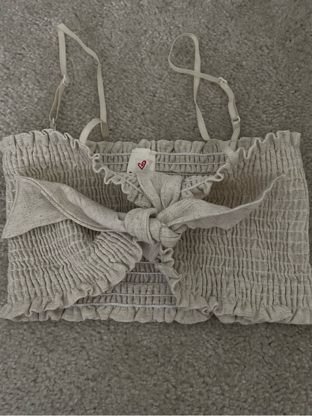Smocked Bow Front Crop Top - Light Beige